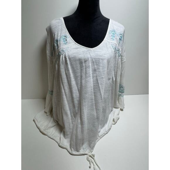 True Craft Women’s Peasant 2X Cottage Core Blouse 3/4” Bell Sleeve White Teal - Picture 1 of 9